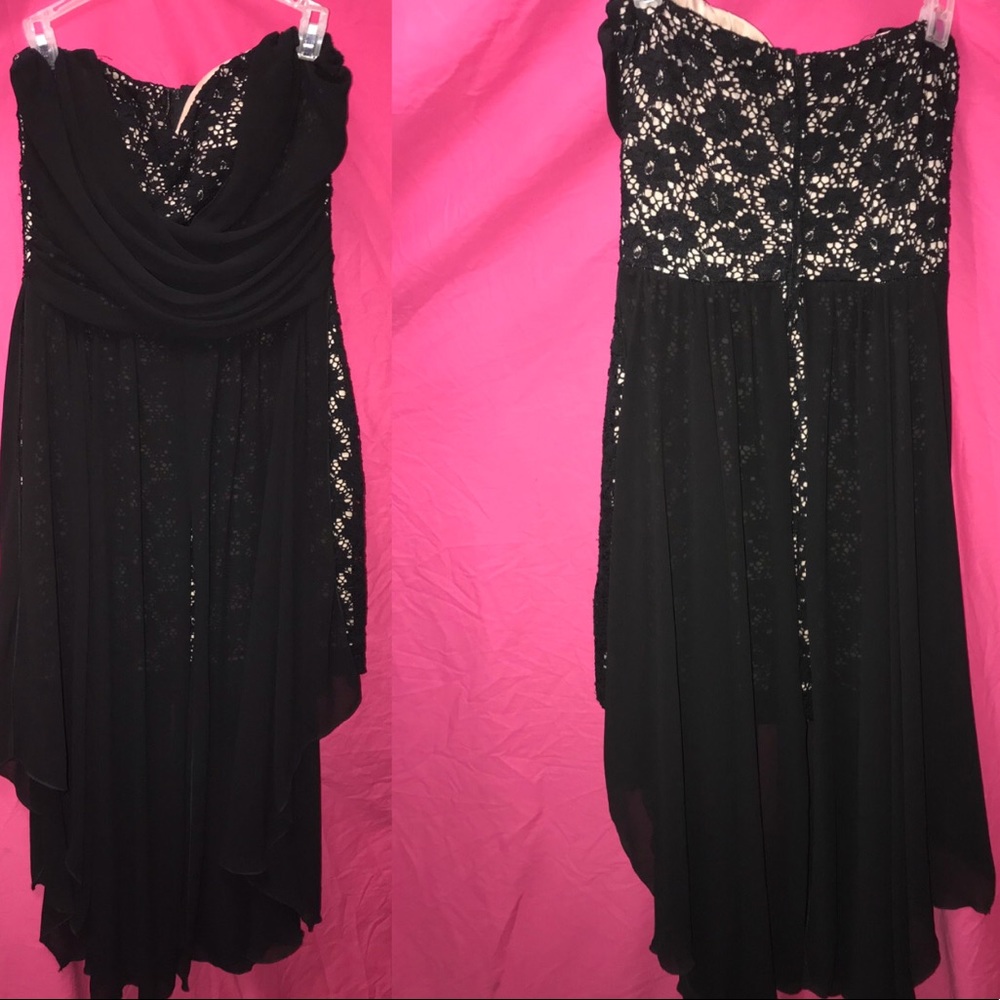 Black/nude, lace and chiffon strapless dress